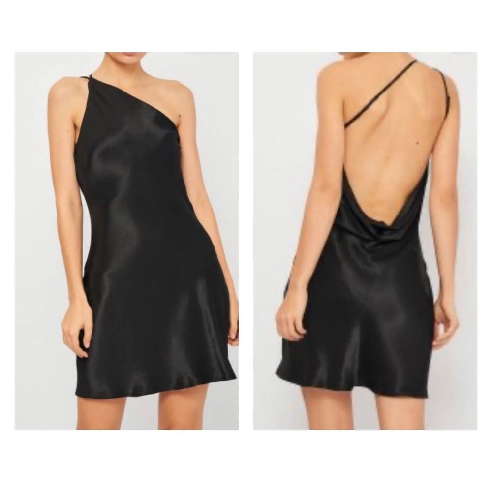 Zara Womens size XL Black Satin One Shoulder Mini Slip Dress Open Back Disco LBD